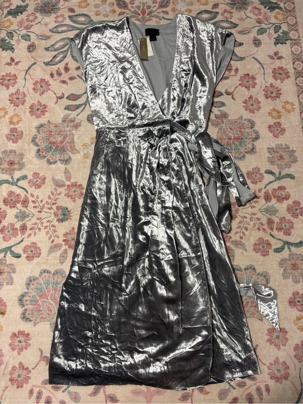 J. Crew Collection Silver Silk Velvet Wrap Midi Dress with Tie Waist